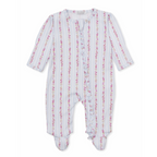 A baby girl footie sleeper with a Kissy Kissy brand label featuring light blue and white vertical stripes with pink floral and bow patterns and a ruffled zipper down the front.