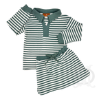 A two-piece girl's outfit featuring a long-sleeve green and white striped top and matching skort and solid green trim on the collar, sleeve cuffs, and a matching drawstring tie.