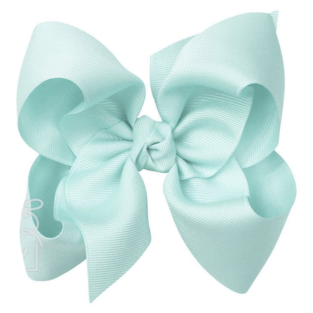 Large light blue green grosgrain classic hair bow with double knot center.