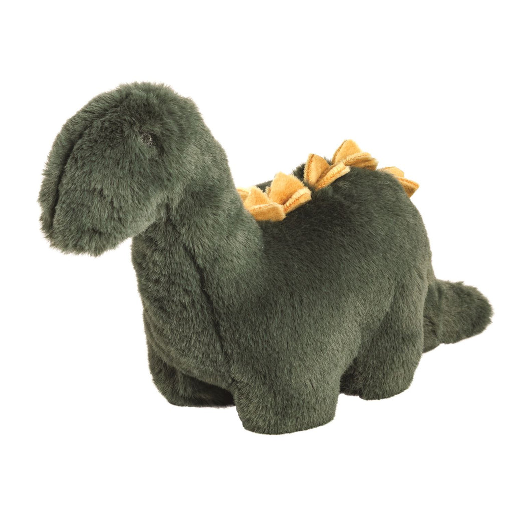 Plush dinosaur toy with dark green body and yellow spikes.