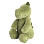 Green plush stegosaurus dinosaur baby toy with dark green spikes.