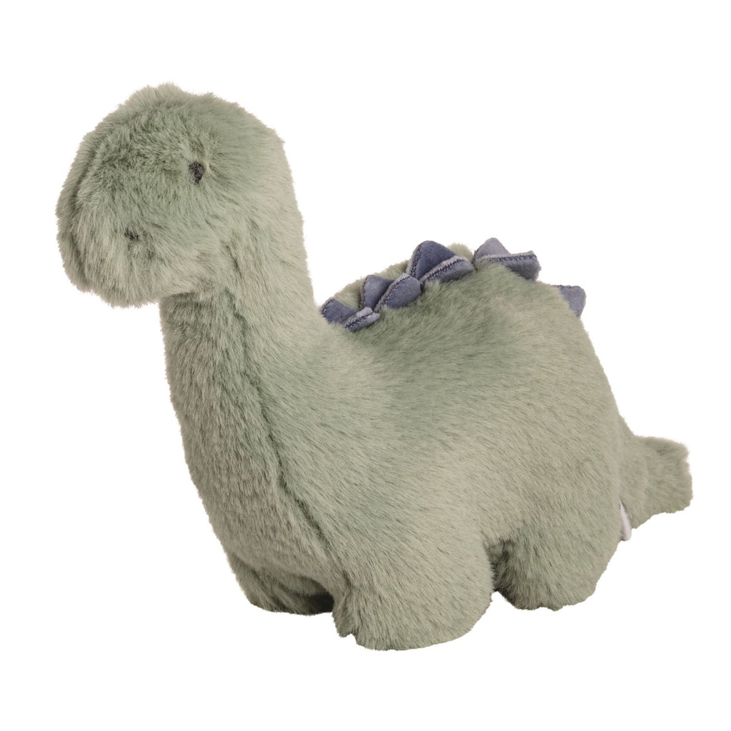Plush dinosaur toy with sage fur and grey spikes.