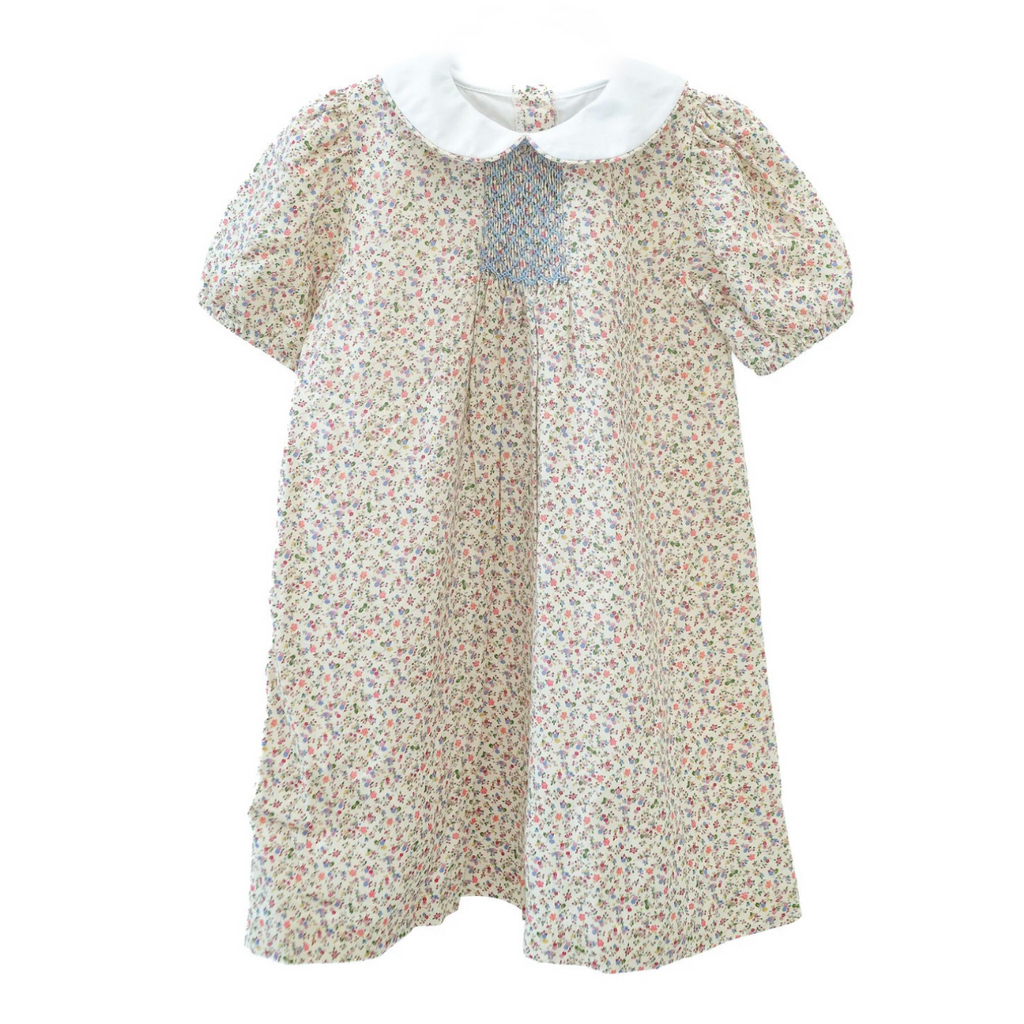 Little girl short sleeve dress with fall floral print, white Peter Pan collar, puff sleeves, and smocked chest panel in blue embroidery.