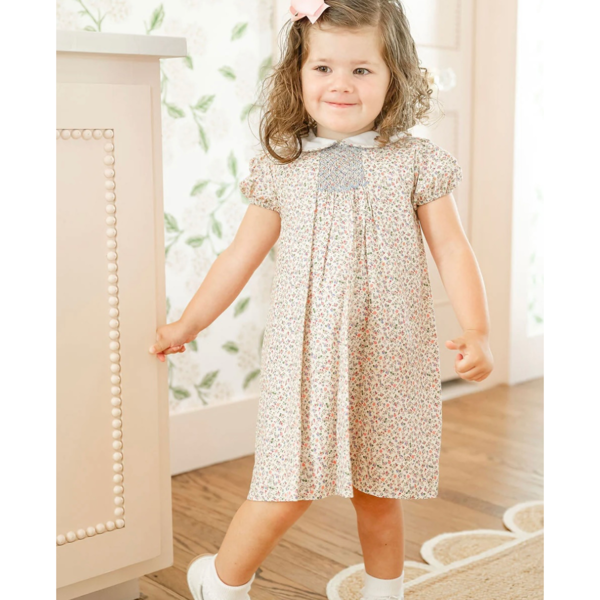 Mini Tan Floral Smocked Dress Madison-Drake Children's Boutique Mini Tan Floral Smocked Dress Madison-Drake Children's Boutique