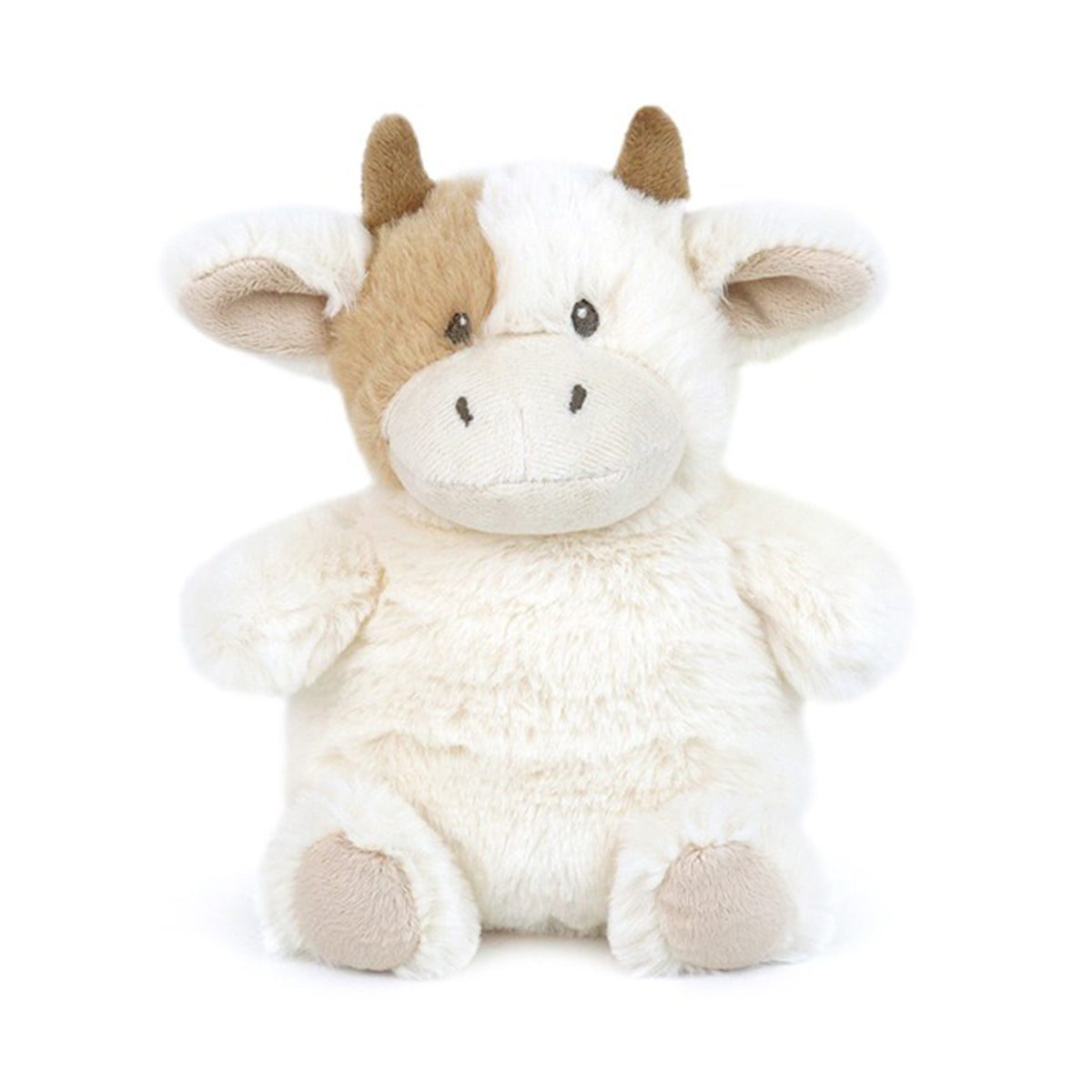 Plush white and brown cow stuffed toy with little brown horns.