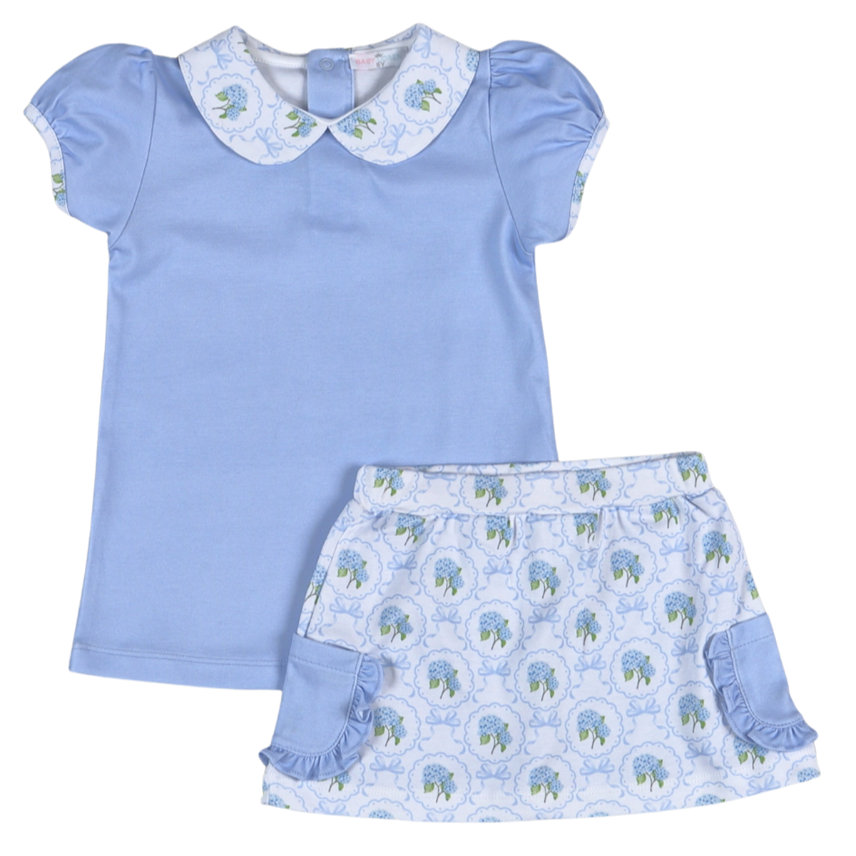 Girl's periwinkle hydrangea print skort set with Peter Pan collar