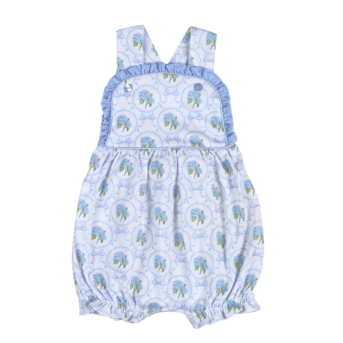 Baby girl's hydrangea print sunsuit with periwinkle ruffle trim and cross-back straps