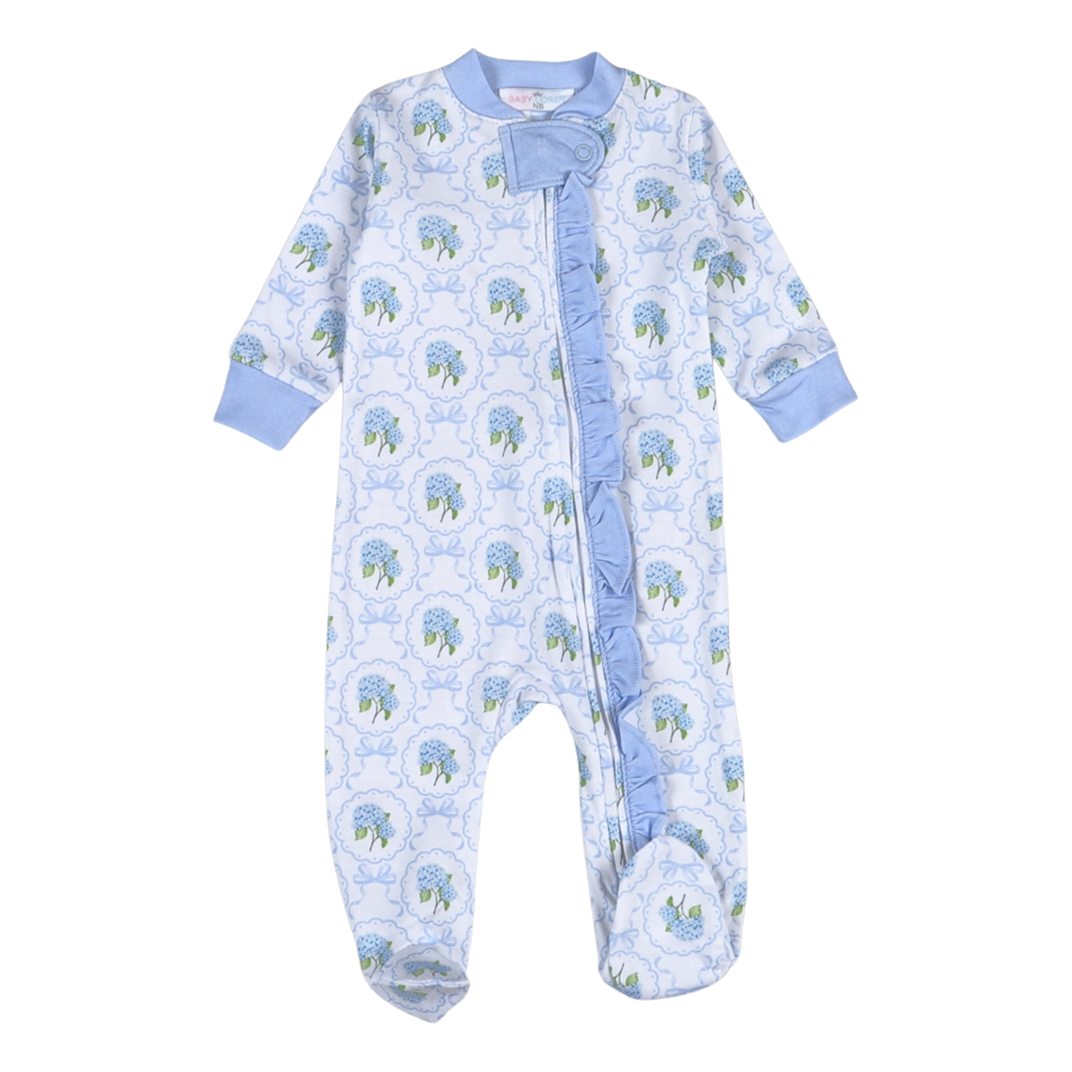 Baby girl hydrangea print zip front footie sleeper with periwinkle ruffle trim