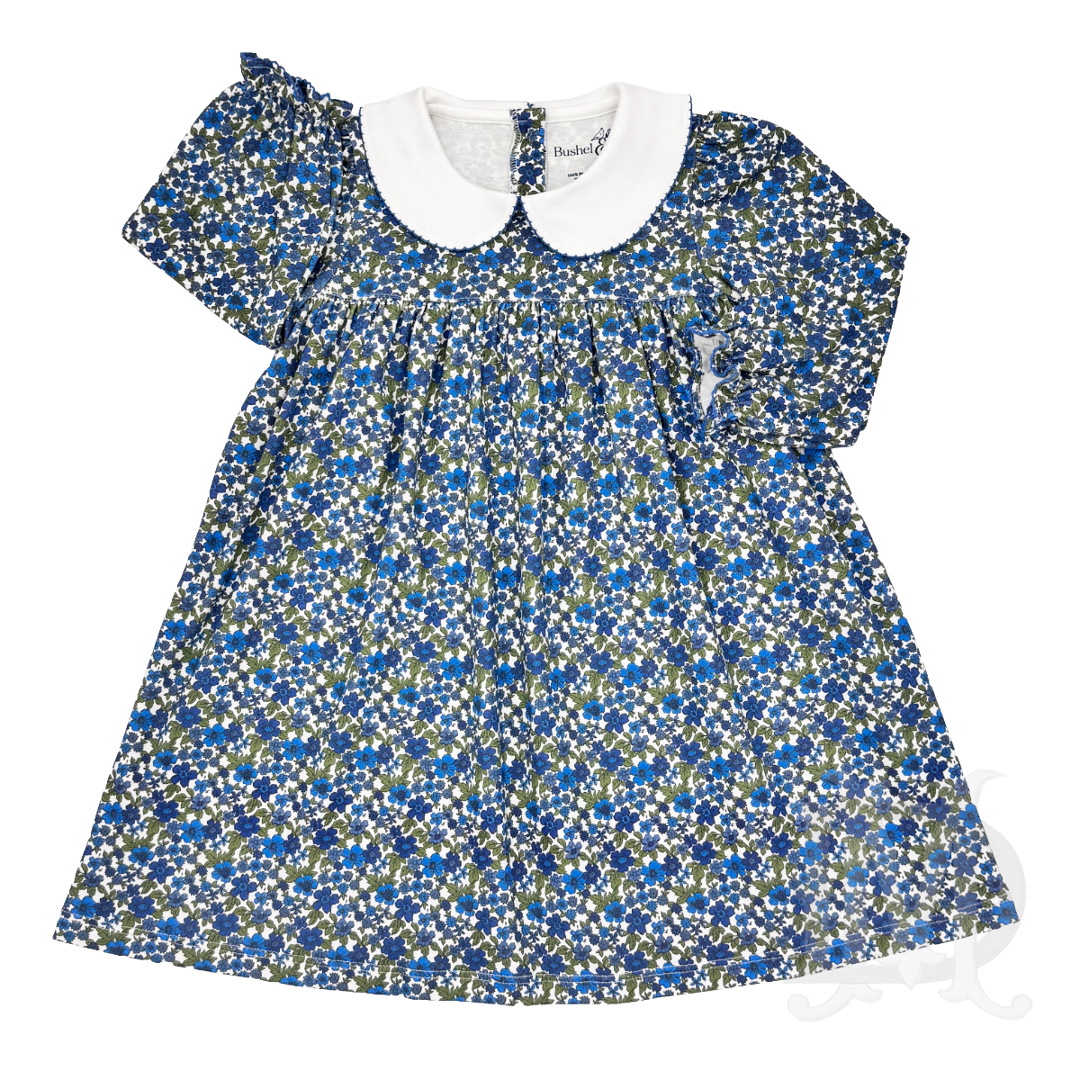 A toddler girl's long-sleeve dress with a blue, white, and olive green floral print, featuring a white Peter Pan collar.