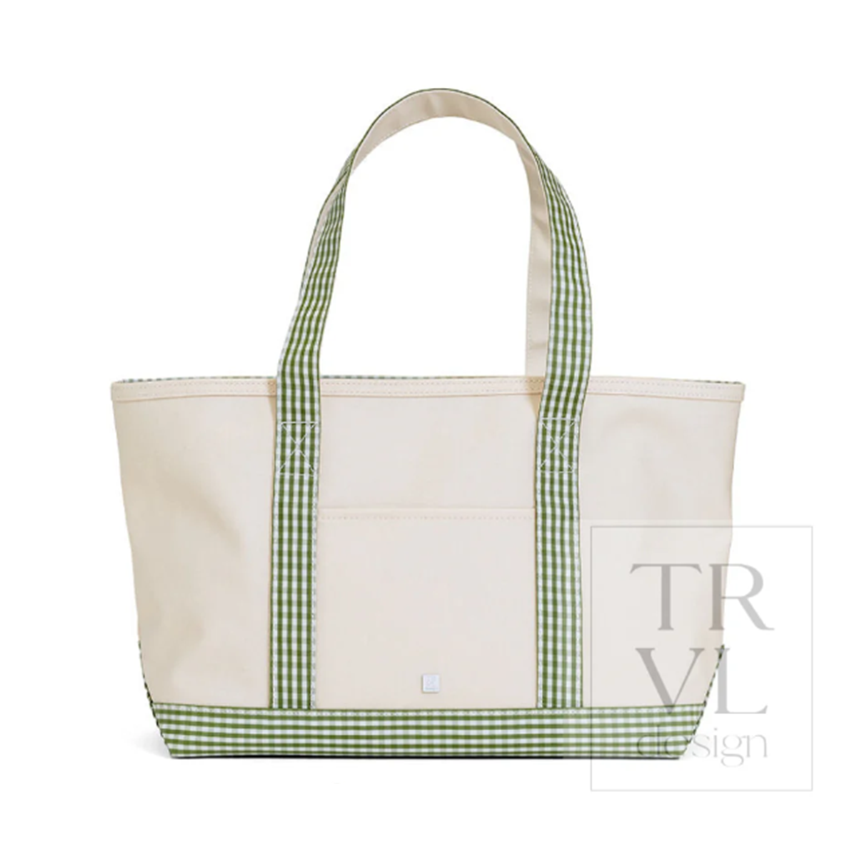 An off-white coated canvas tote bag with moss green and white gingham patterned handles and bottom trim and a TRVL Design watermark.