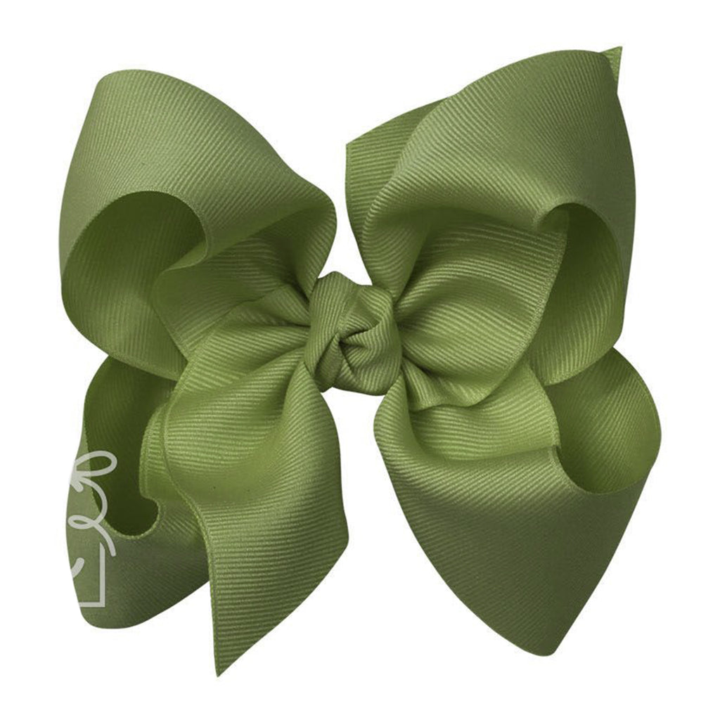 Large moss olive green grosgrain classic hair bow with double knot center.