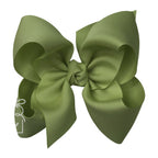 Large moss olive green grosgrain classic hair bow with double knot center.