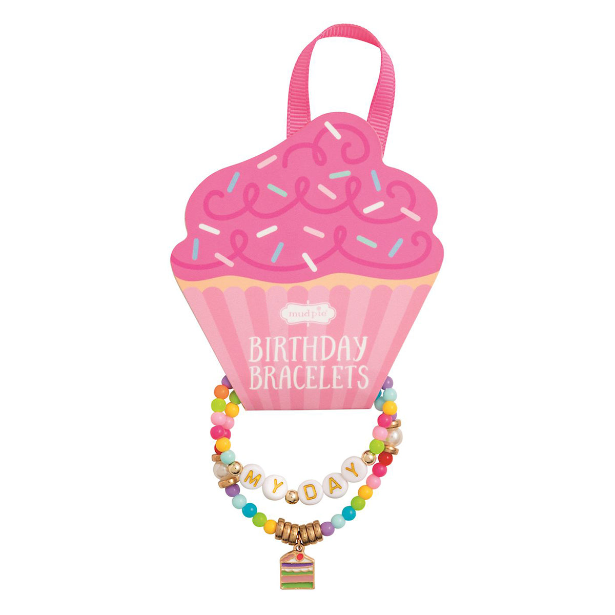 Pink cupcake-shaped packaging with two colorful beaded bracelets with My Day and cake slice charms
