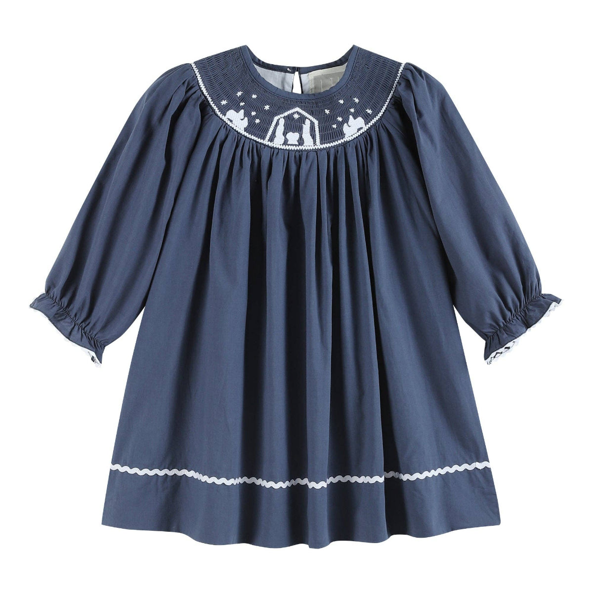 Navy blue dress with white embroidery on a white background