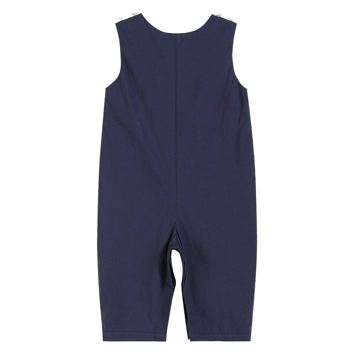 A sleeveless navy blue baby romper shown from the back, photographed flat against a solid white background.