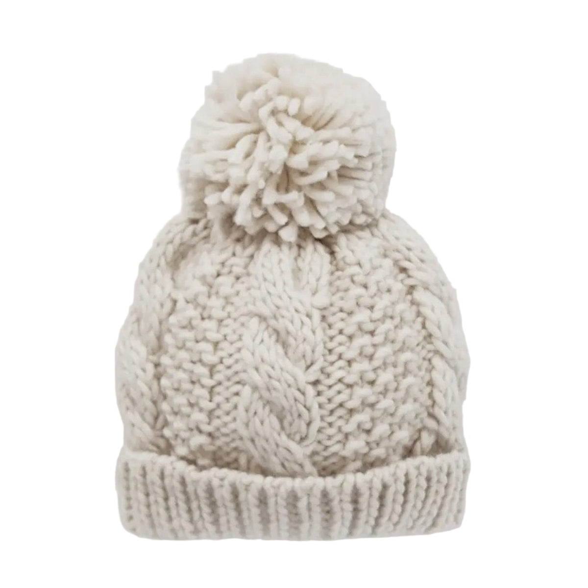 Cable knit off-white beanie hat with a pom-pom