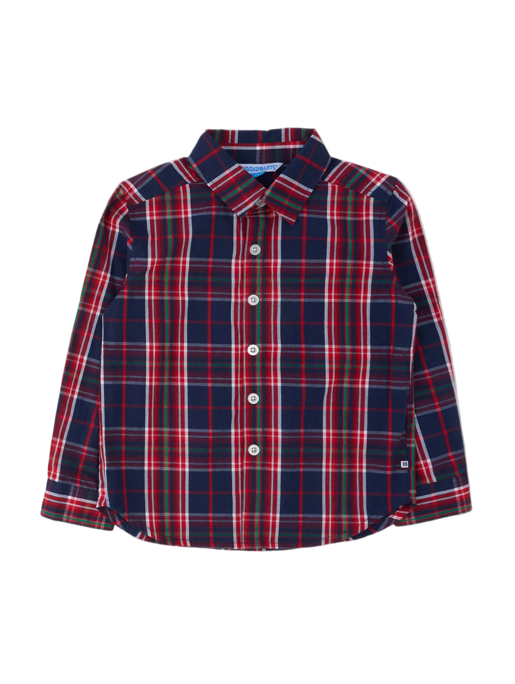 A long-sleeve button-up shirt for kids in a navy blue, red, and white plaid pattern, laid flat against a light gray background.