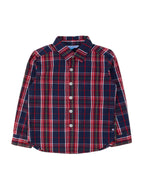 A long-sleeve button-up shirt for kids in a navy blue, red, and white plaid pattern, laid flat against a light gray background.