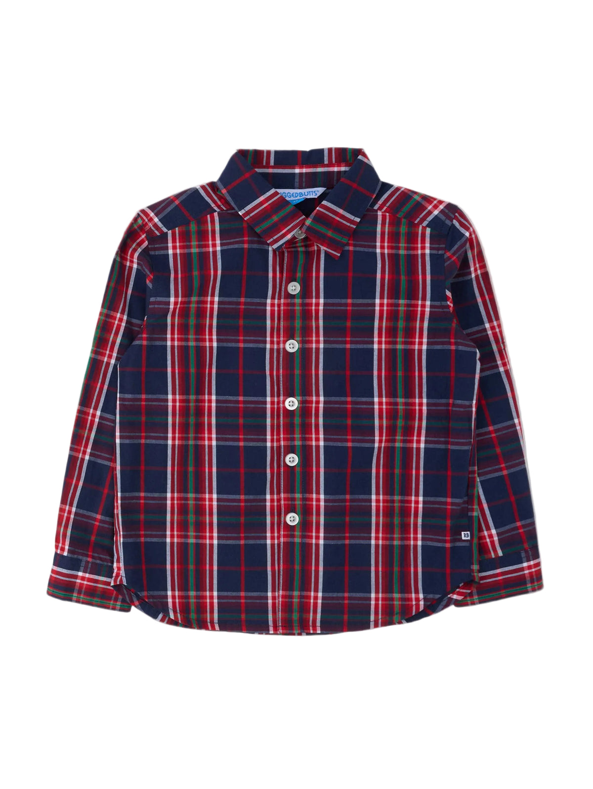 A long-sleeve button-up shirt for kids in a navy blue, red, and white plaid pattern, laid flat against a light gray background.