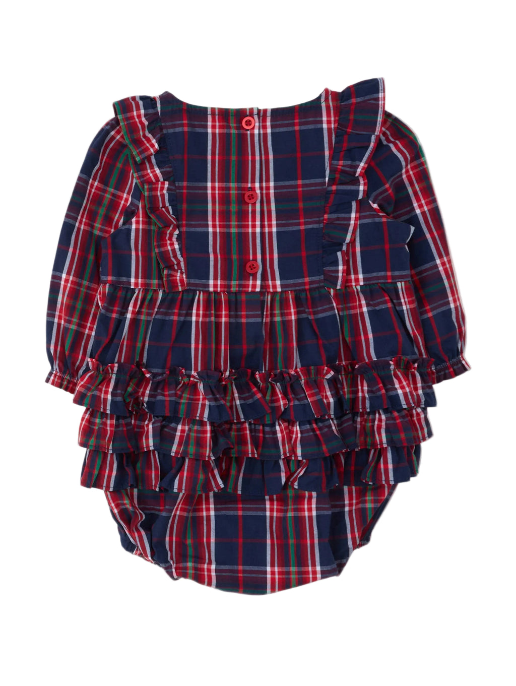 A toddler girl's long-sleeve ruffled romper in a navy blue, red, and green tartan plaid pattern, shown against a plain light gray background.