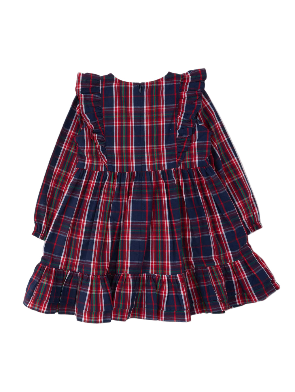 A long-sleeve plaid dress with ruffled shoulders and a ruffled hem, featuring a navy blue base with red and white stripes, shown against a light gray background.