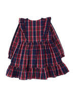 A long-sleeve plaid dress with ruffled shoulders and a ruffled hem, featuring a navy blue base with red and white stripes, shown against a light gray background.