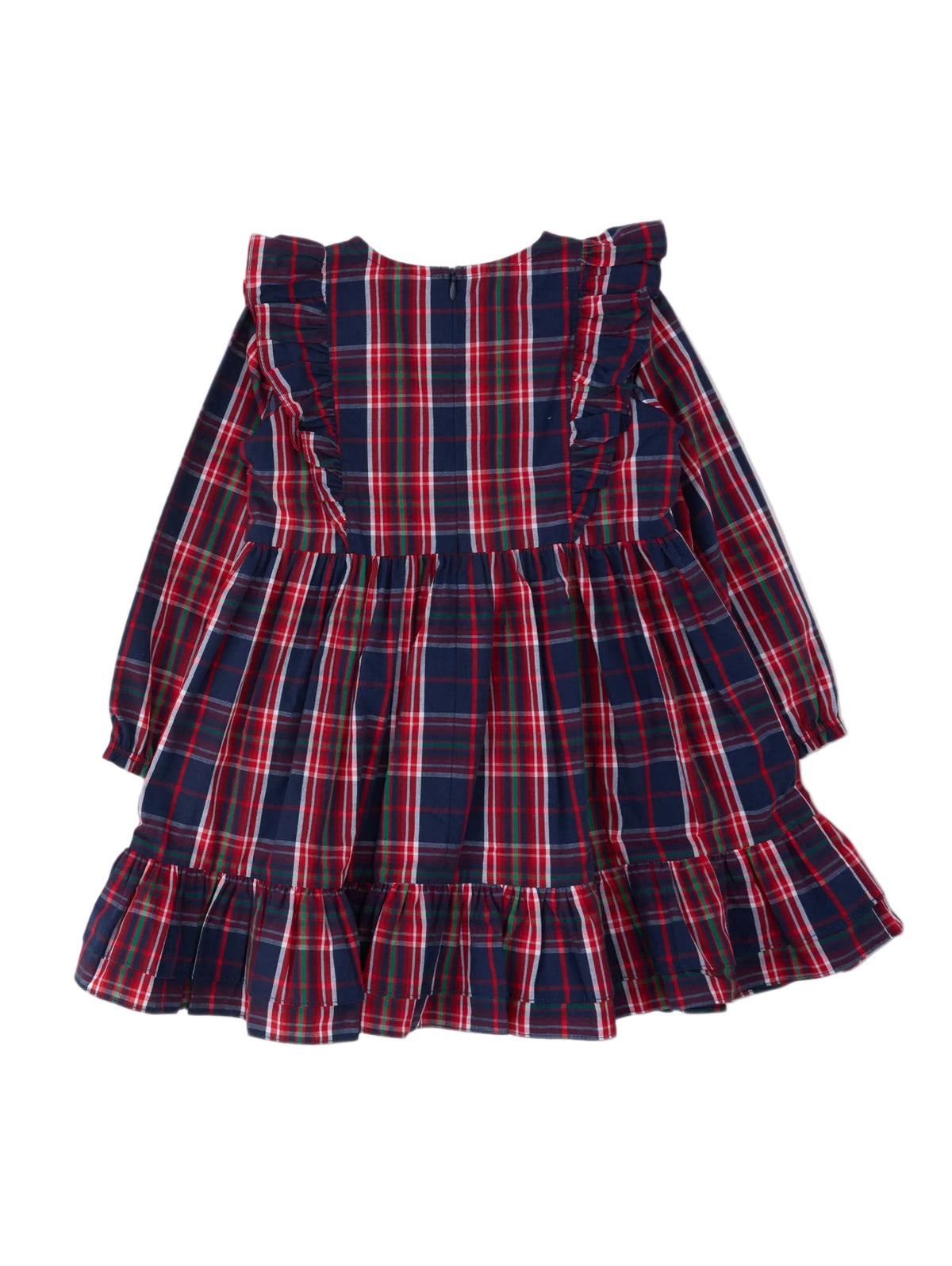 A long-sleeve plaid dress with ruffled shoulders and a ruffled hem, featuring a navy blue base with red and white stripes, shown against a light gray background.