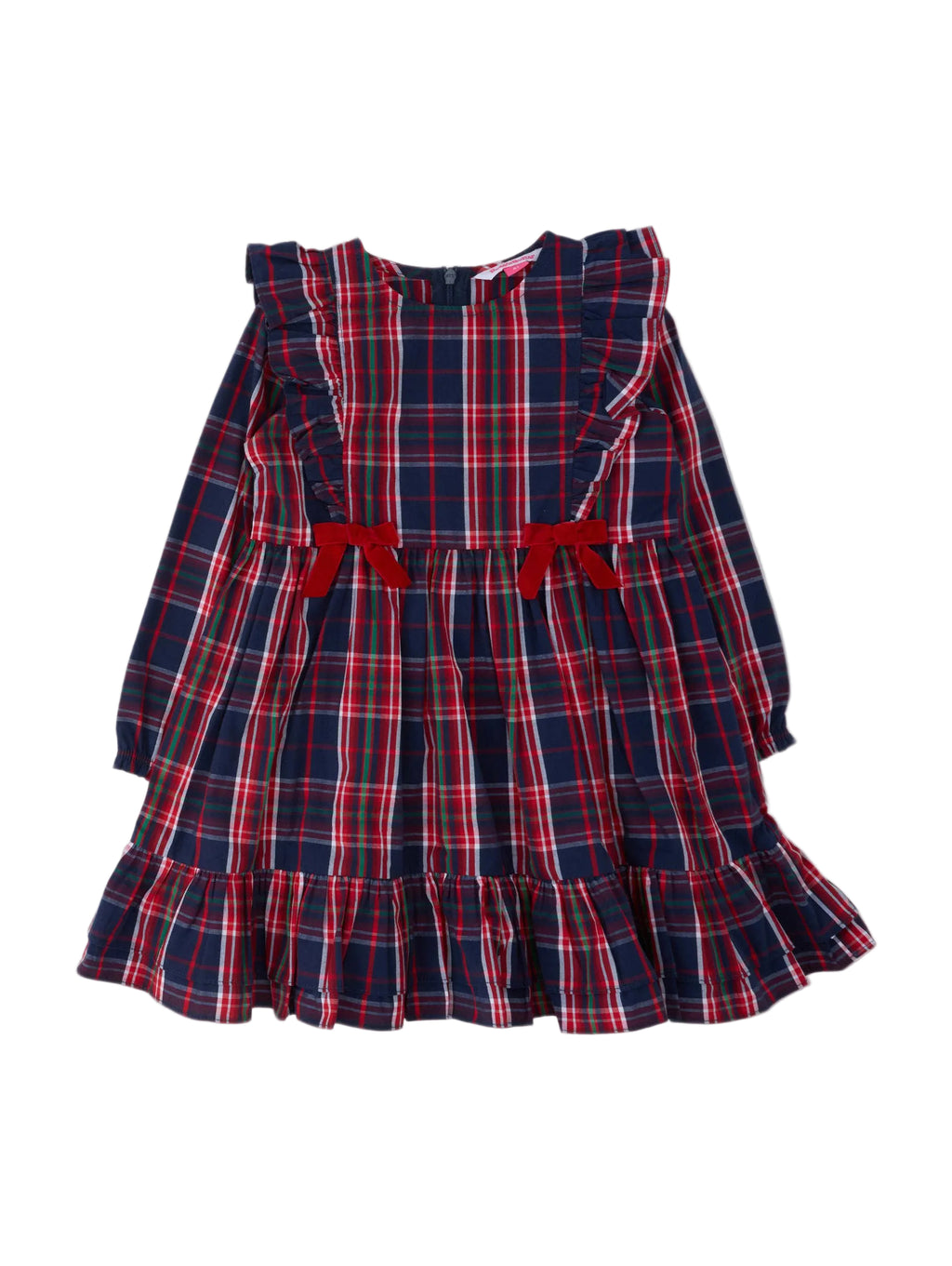 A toddler girl's long-sleeve dress in a navy blue, red, and white plaid pattern, featuring ruffled shoulders, a red bow at the waist, and a ruffled hem, shown against a plain light gray background.