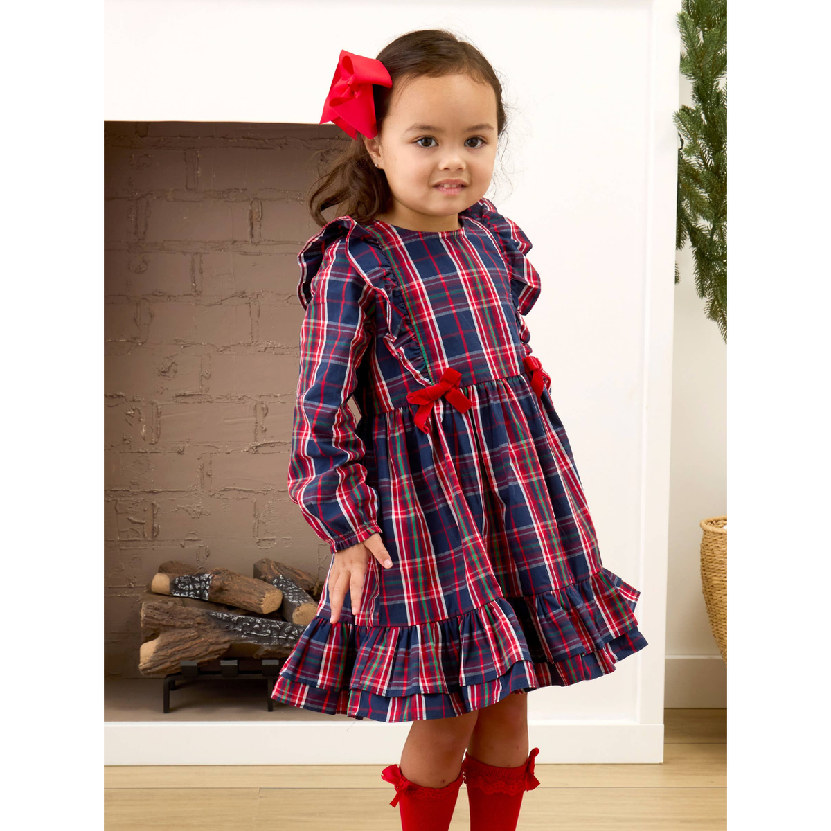 Girls Navy Nicholas Plaid Waterfall Bow Dress