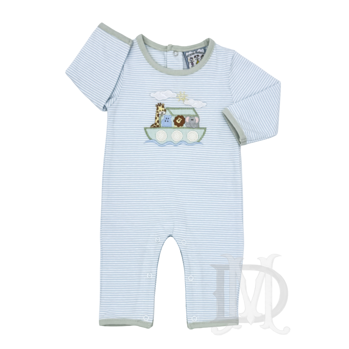 A baby boy long-sleeve romper with light blue and white horizontal stripes, soft green trim, and a sweet Noahs Ark applique. 