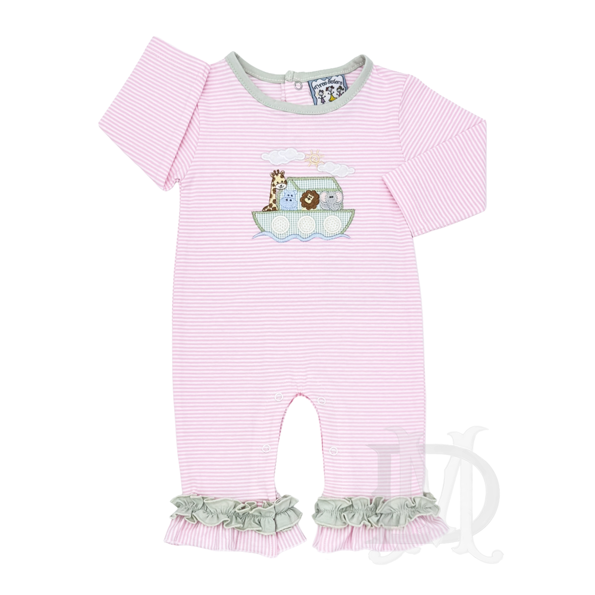 A pink and white striped baby girl knit romper with a sweet Noah's Ark applique and ruffled light green trim at the ankles.