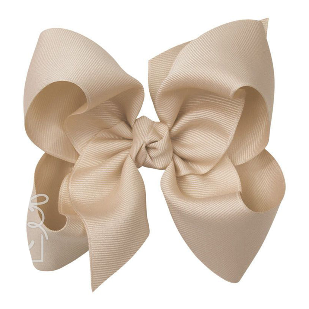 Large oatmeal khaki tan grosgrain classic hair bow with double knot center.