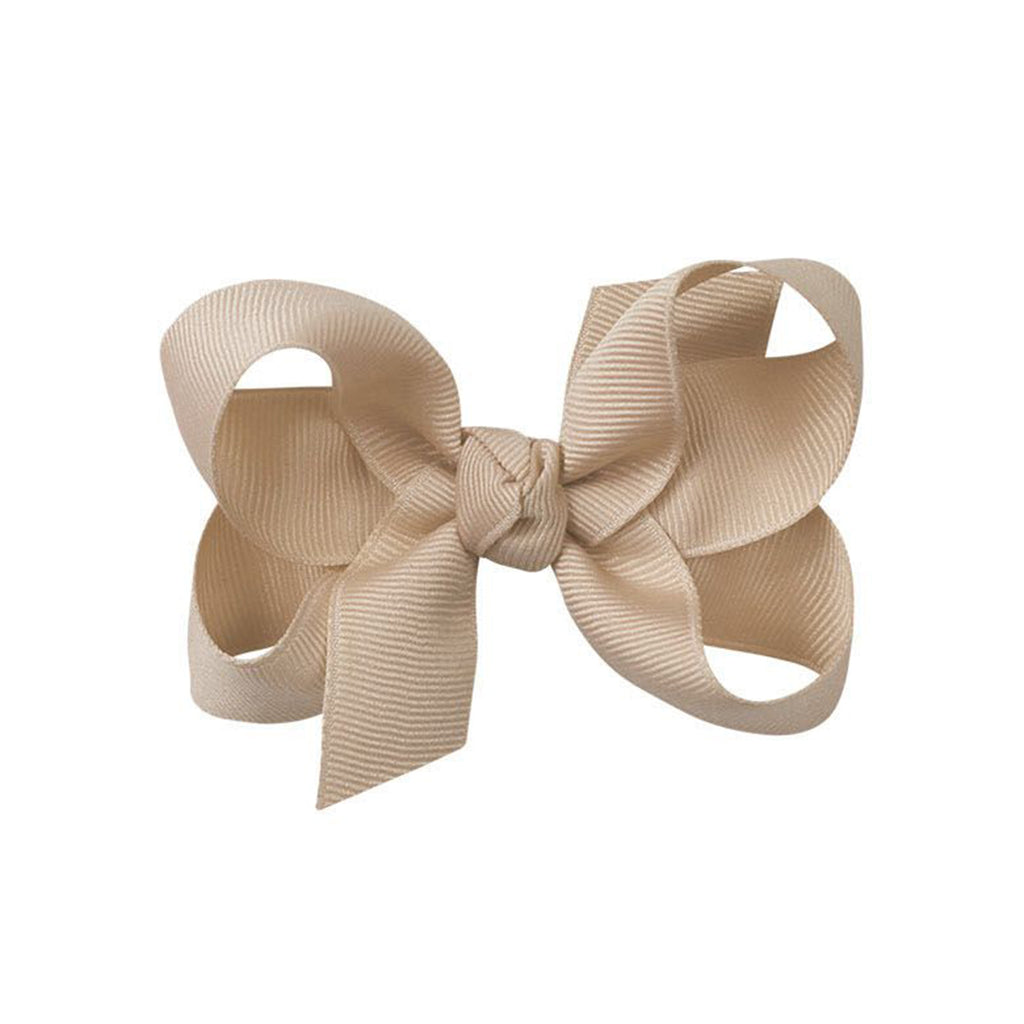 Oatmeal khaki tan grosgrain classic hair bow with double knot center.