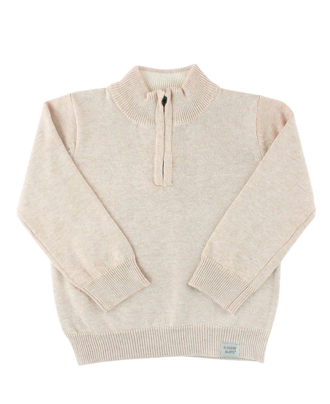 Beige sweater with a quarter zip on a white background
