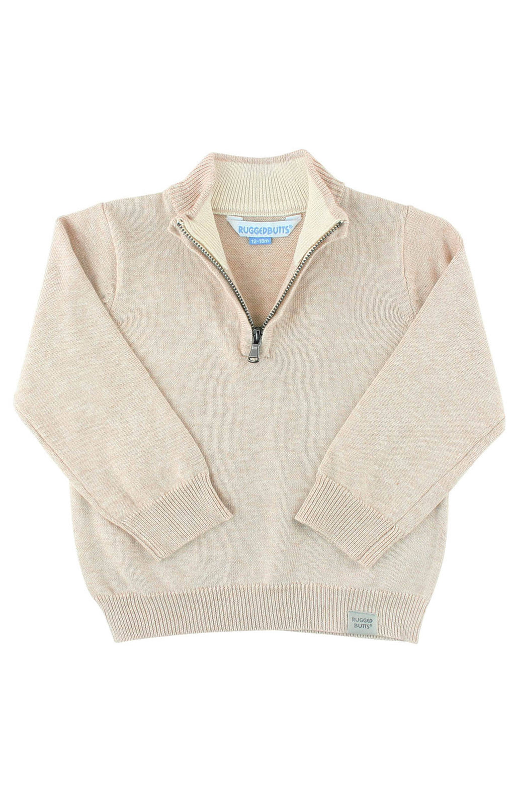 Beige sweater with a quarter zip on a white background