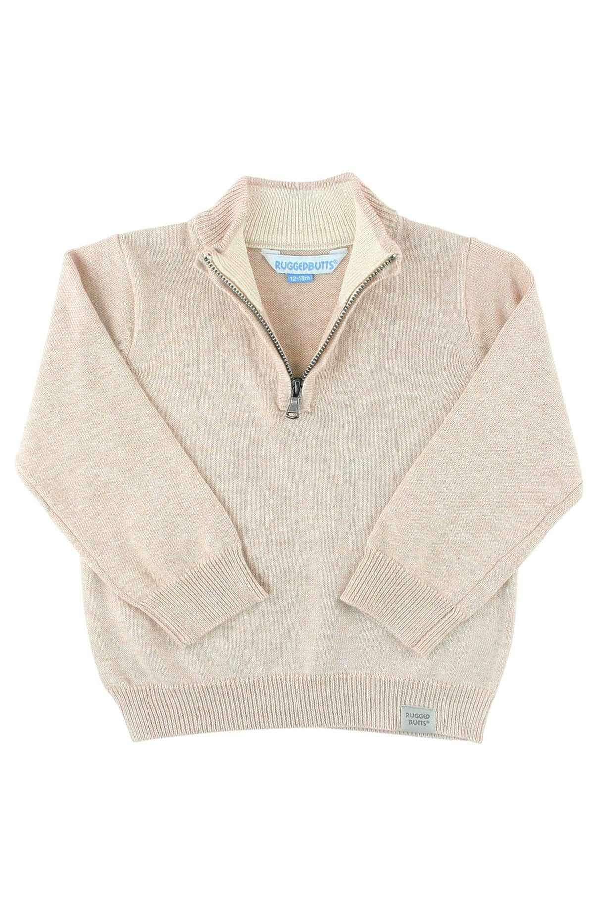 Beige sweater with a quarter zip on a white background