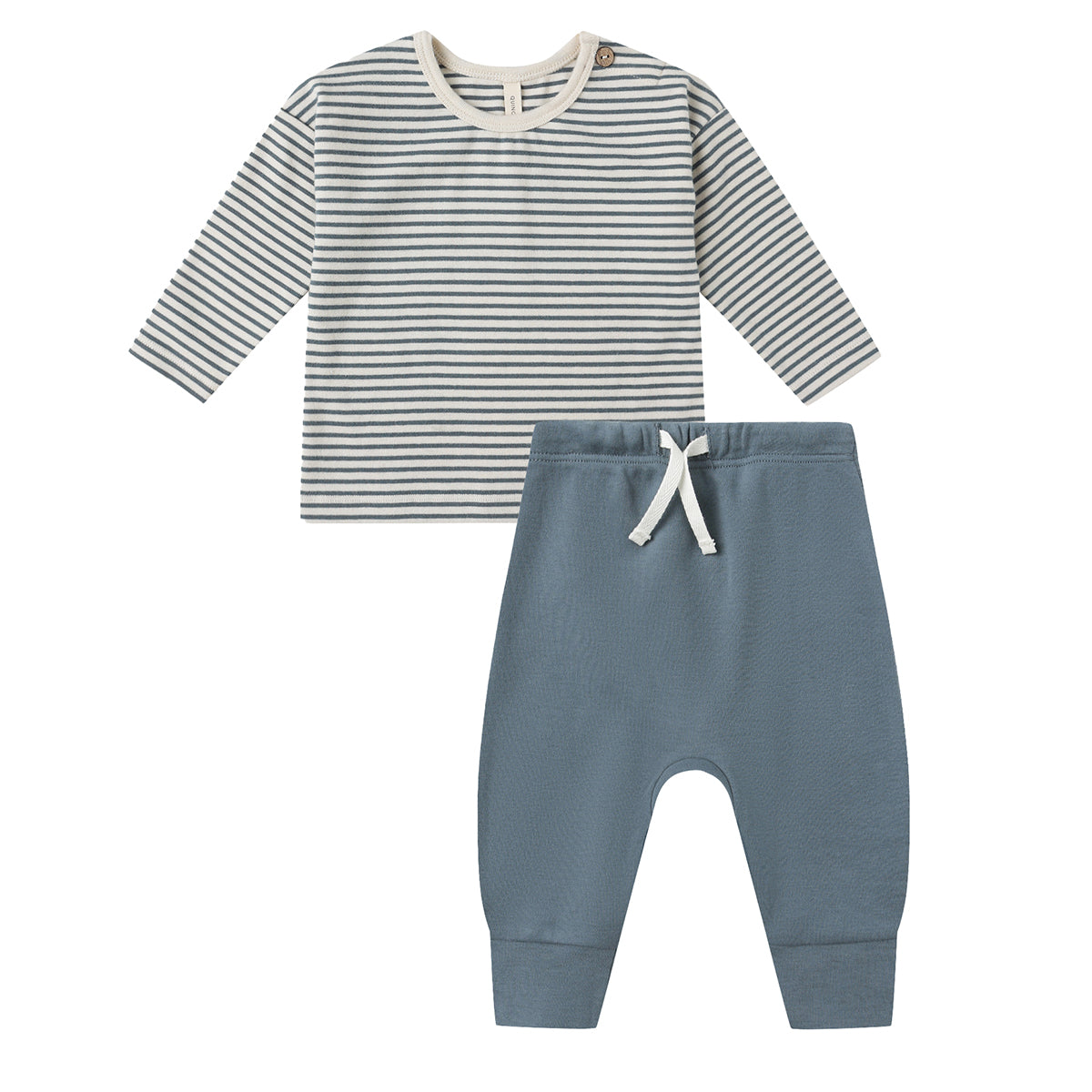 Baby boy’s soft Quincy Mae pant set with long sleeve steel blue stripe knit shirt and matching solid jogger pants.
