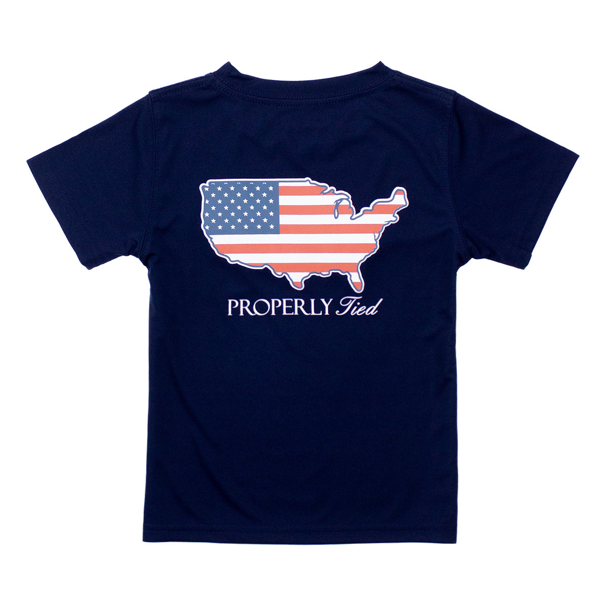 Navy blue t-shirt with American flag map design and 'Properly Tied' text 