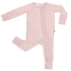 Pink checkered baby onesie on a white background
