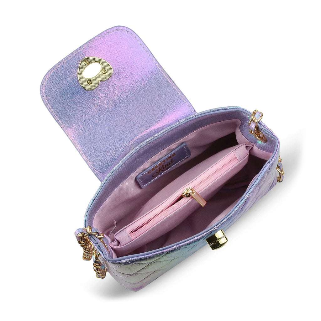 Iridescent purple quilted handbag with a heart-shaped clasp and interior pocket divider.