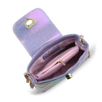 Iridescent purple quilted handbag with a heart-shaped clasp and interior pocket divider.