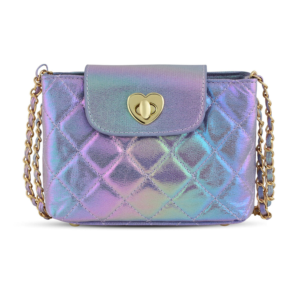 Iridescent purple quilted handbag with a heart-shaped clasp and woven chain strap.