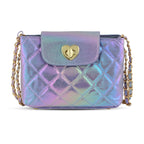 Iridescent purple quilted handbag with a heart-shaped clasp and woven chain strap.