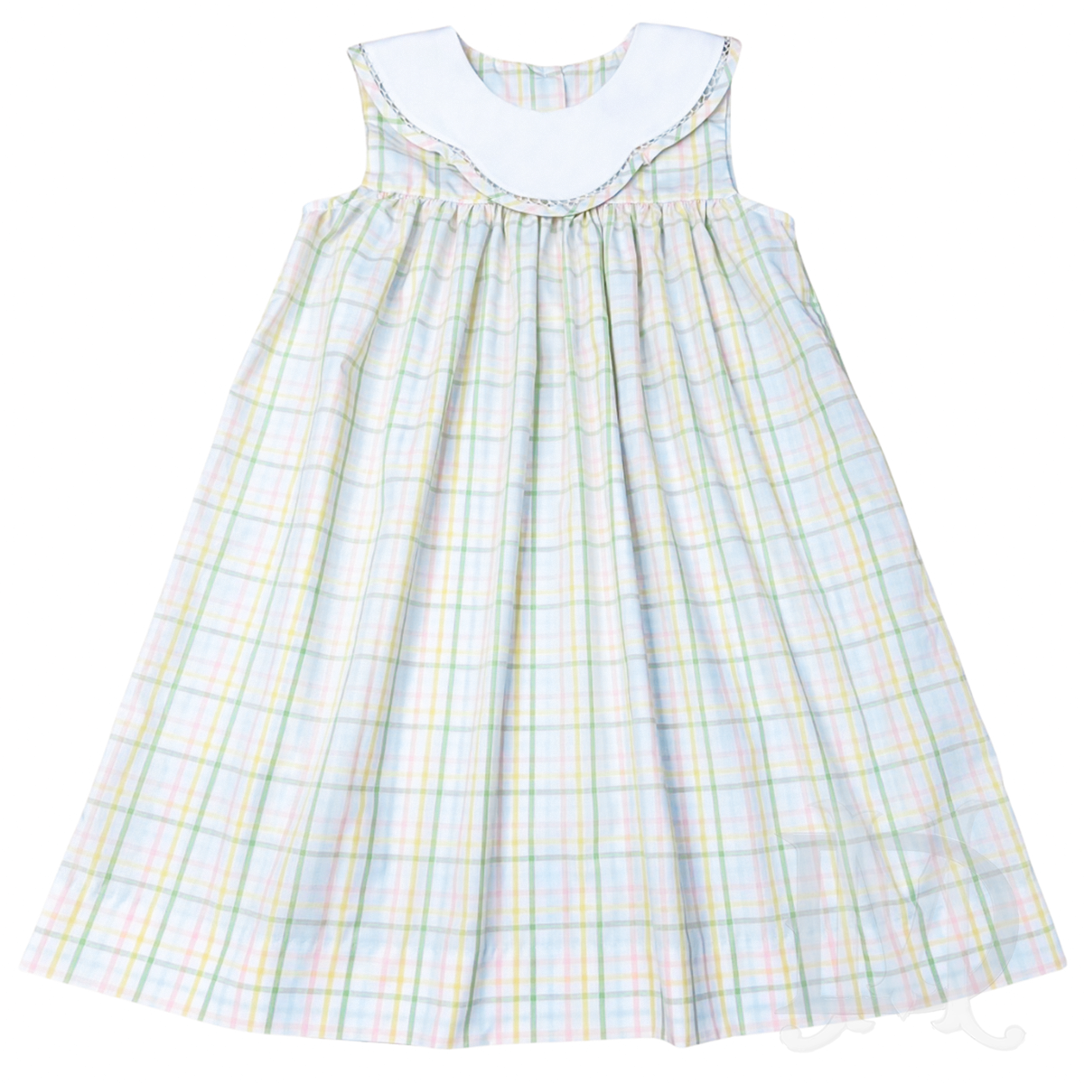 Pastel plaid sleeveless dress with a white scalloped collar.
