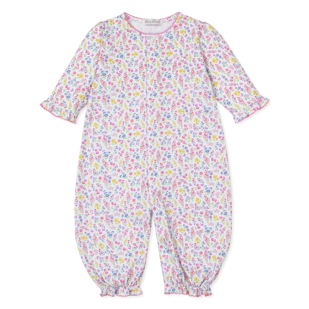 Baby girl converter gown with a bright floral pattern and Kissy Kissy brand label