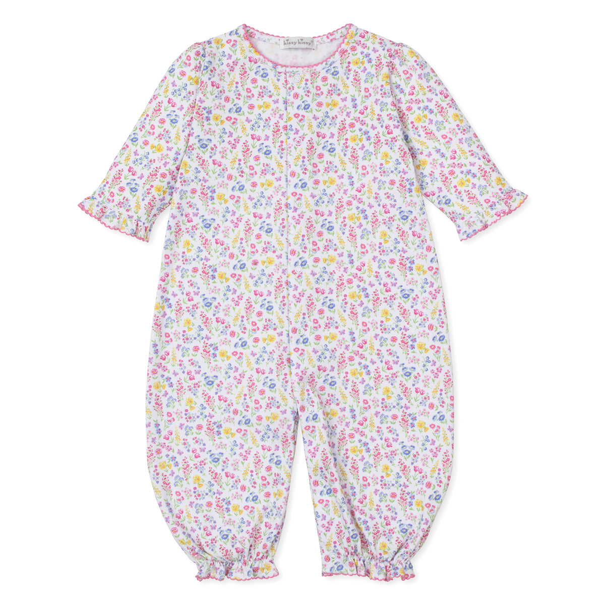 Baby girl converter gown with a bright floral pattern and Kissy Kissy brand label