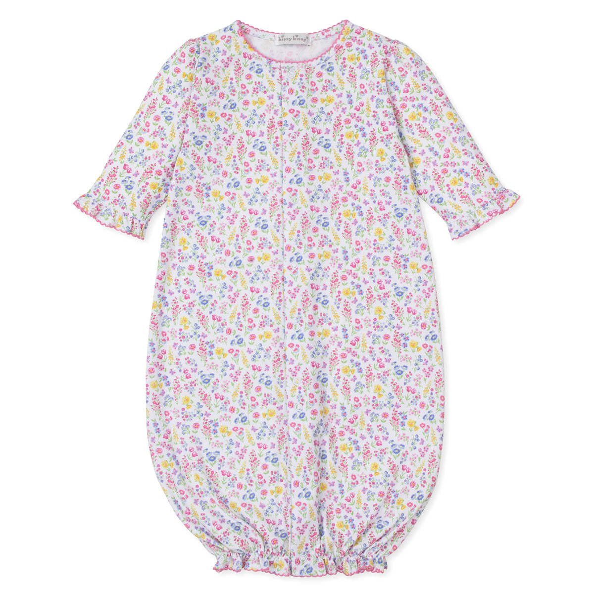 Baby girl converter gown with a bright floral pattern and Kissy Kissy brand label
