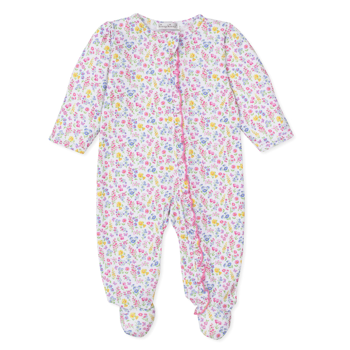 Baby girl zip front footie with a bright floral pattern, ruffle trim, and Kissy Kissy brand label