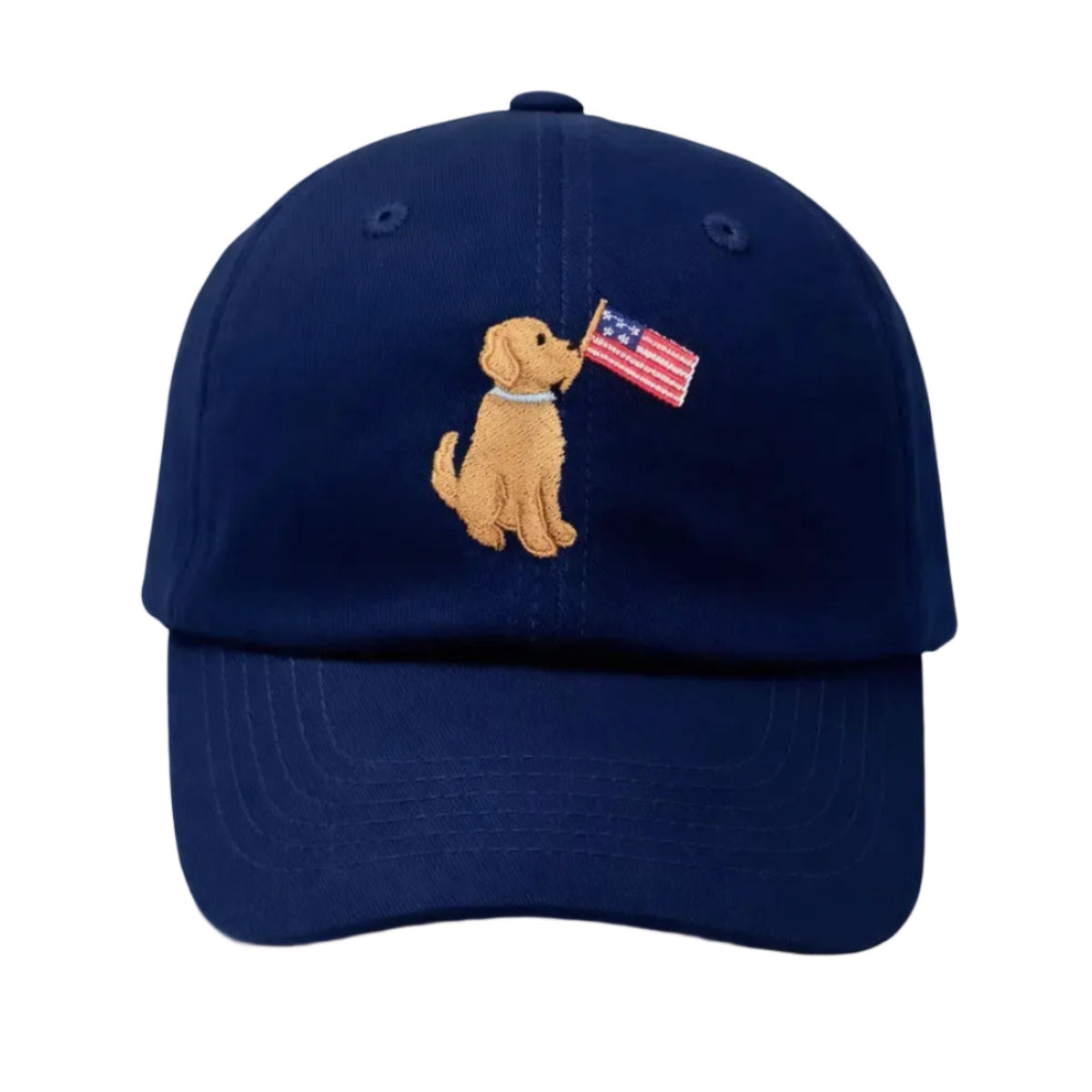 Navy blue twill ball cap with an embroidered dog holding an American flag.