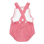 The back of a red and white gingham  American flag sunsuit with criss cross shoulder straps.
